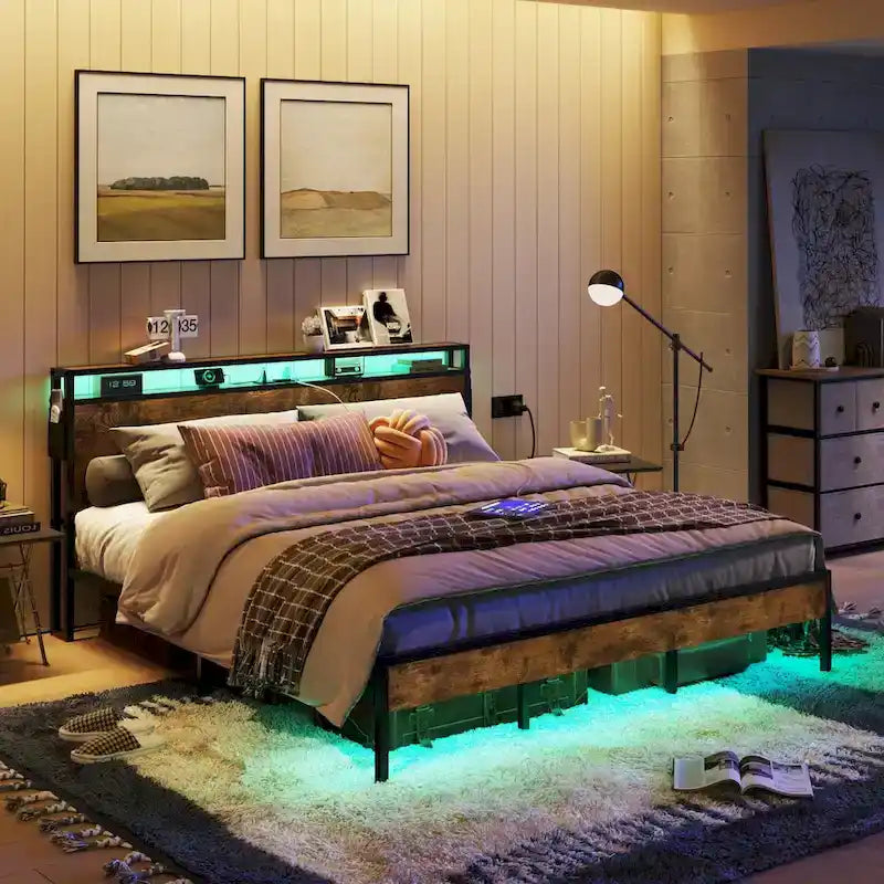 Metal Bed Frame Platform Bed with Storage Headboard LED Lights and Charging Station