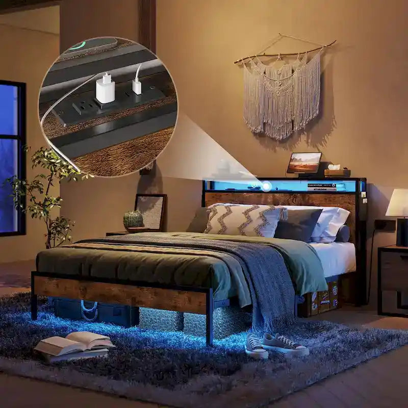 Metal Bed Frame Platform Bed with Storage Headboard LED Lights and Charging Station