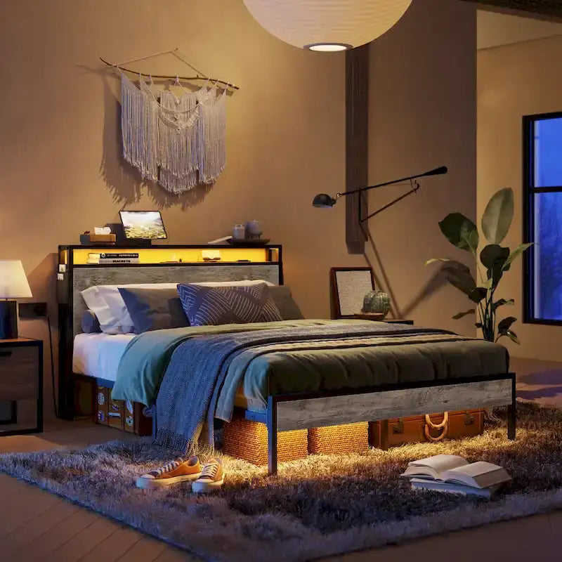 Metal Bed Frame Platform Bed with Storage Headboard LED Lights and Charging Station