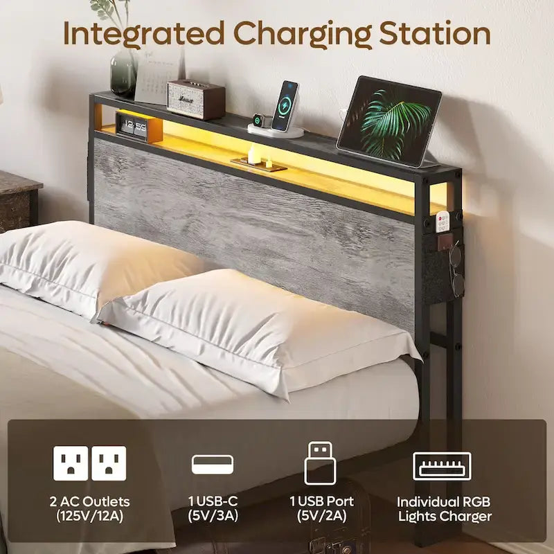 Metal Bed Frame Platform Bed with Storage Headboard LED Lights and Charging Station