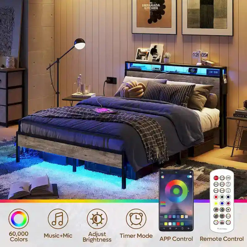 Metal Bed Frame Platform Bed with Storage Headboard LED Lights and Charging Station