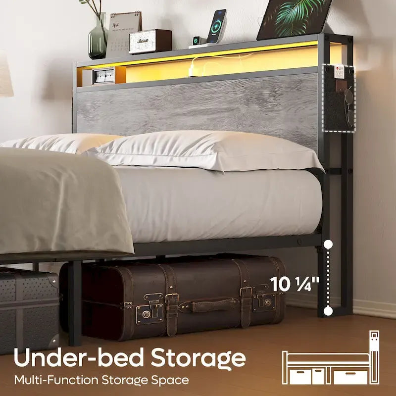 Metal Bed Frame Platform Bed with Storage Headboard LED Lights and Charging Station