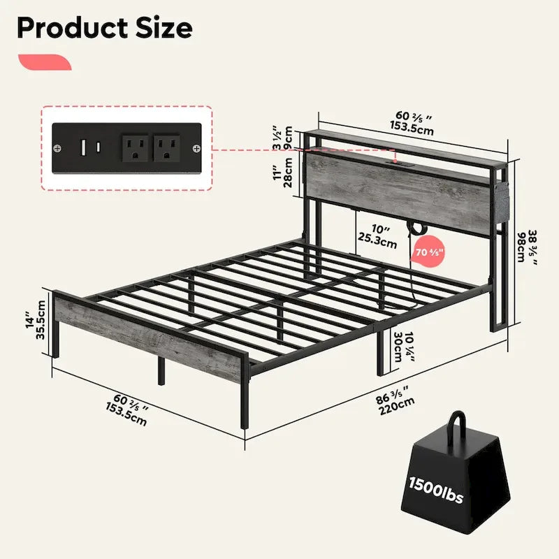 Metal Bed Frame Platform Bed with Storage Headboard LED Lights and Charging Station