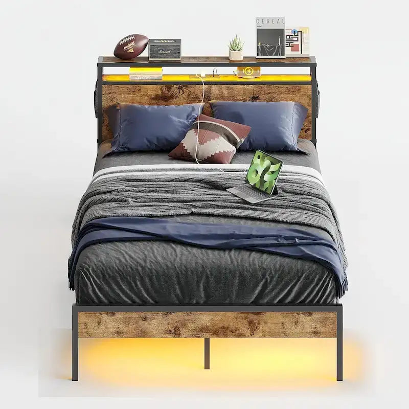 Metal Bed Frame Platform Bed with Storage Headboard LED Lights and Charging Station