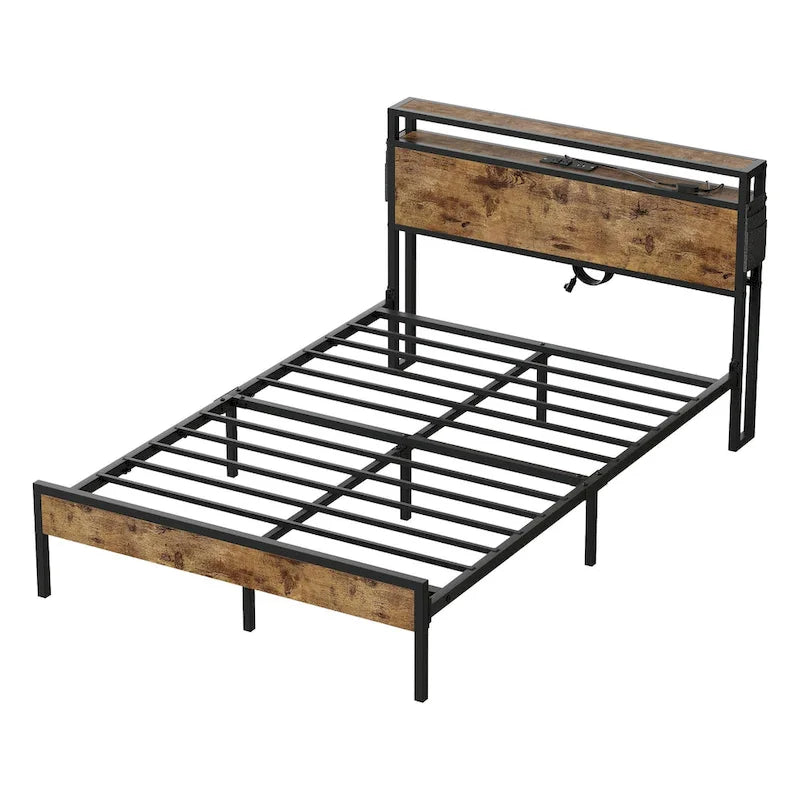 Metal Bed Frame Platform Bed with Storage Headboard LED Lights and Charging Station