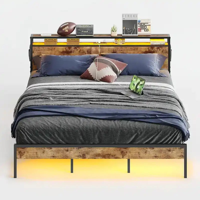 Metal Bed Frame Platform Bed with Storage Headboard LED Lights and Charging Station