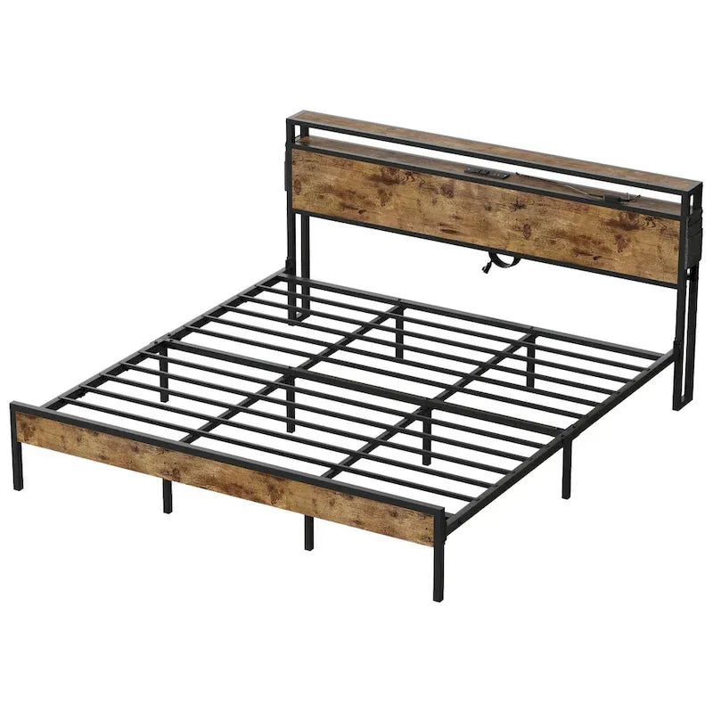 Metal Bed Frame Platform Bed with Storage Headboard LED Lights and Charging Station