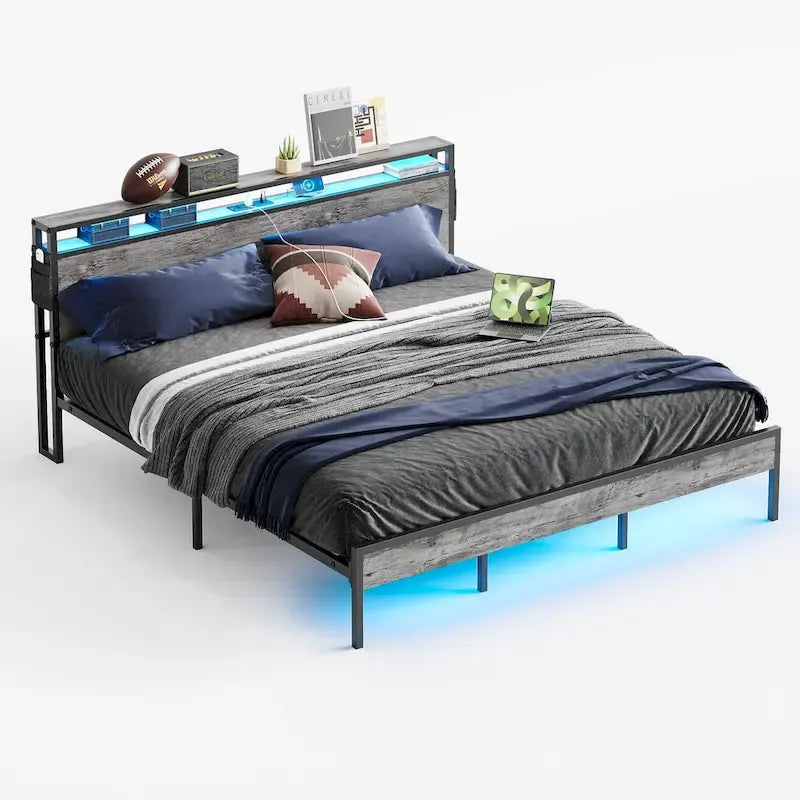 Metal Bed Frame Platform Bed with Storage Headboard LED Lights and Charging Station