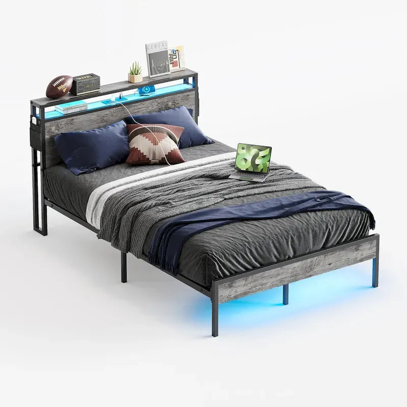 Metal Bed Frame Platform Bed with Storage Headboard LED Lights and Charging Station