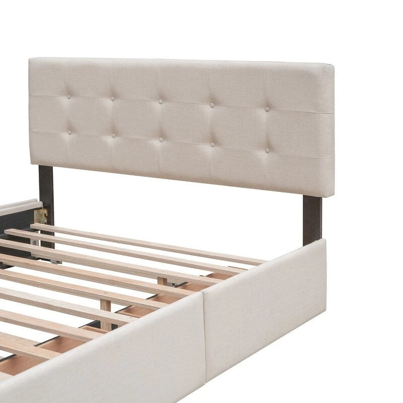 Queen Size Bed with 2 Storage Drawers and a Twin XL Trundle, Upholstered Platform Queen Bed Frame with Tufted Headboard