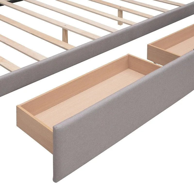 Queen Size Bed with 2 Storage Drawers and a Twin XL Trundle, Upholstered Platform Queen Bed Frame with Tufted Headboard