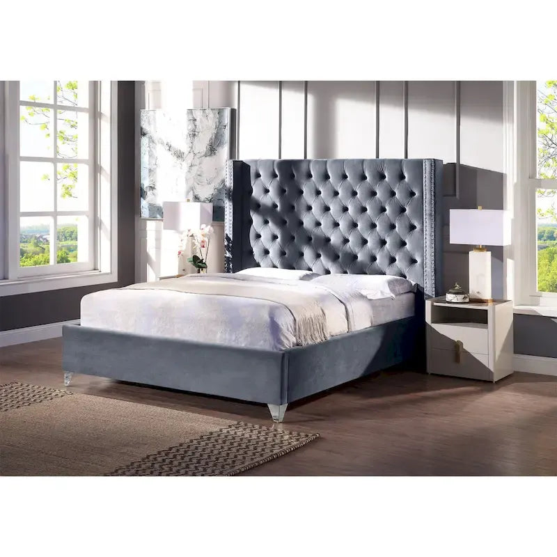 King Velvet Upholstered Bed with Deep Button Tufting