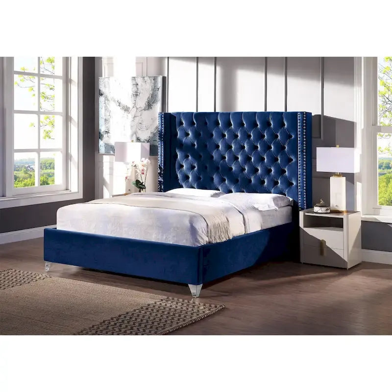King Velvet Upholstered Bed with Deep Button Tufting