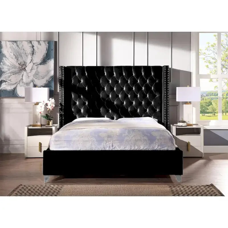 King Velvet Upholstered Bed with Deep Button Tufting