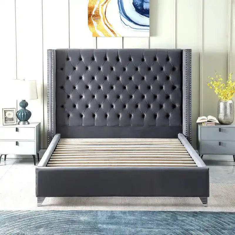 King Velvet Upholstered Bed with Deep Button Tufting
