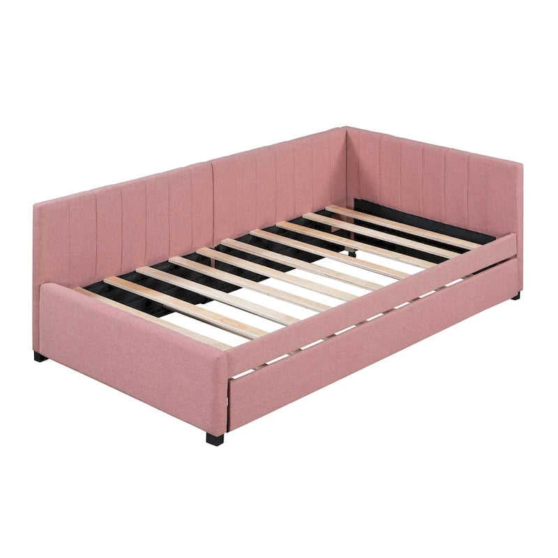 Upholstered Daybed with Trundle Twin Size Sofa Bed Frame No Box Spring Needed, Linen Fabric(Beige)