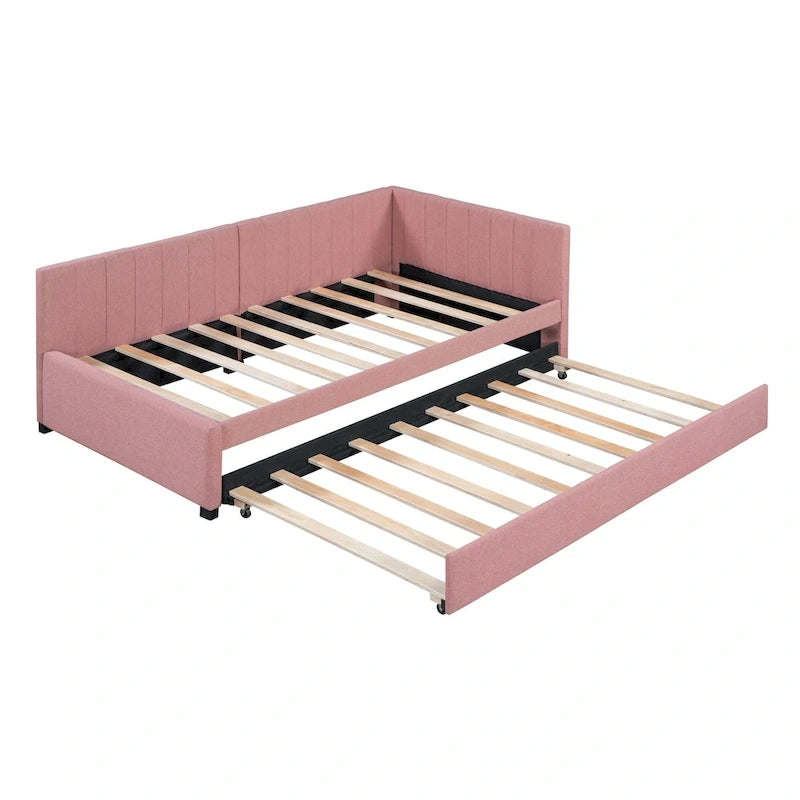 Upholstered Daybed with Trundle Twin Size Sofa Bed Frame No Box Spring Needed, Linen Fabric(Beige)