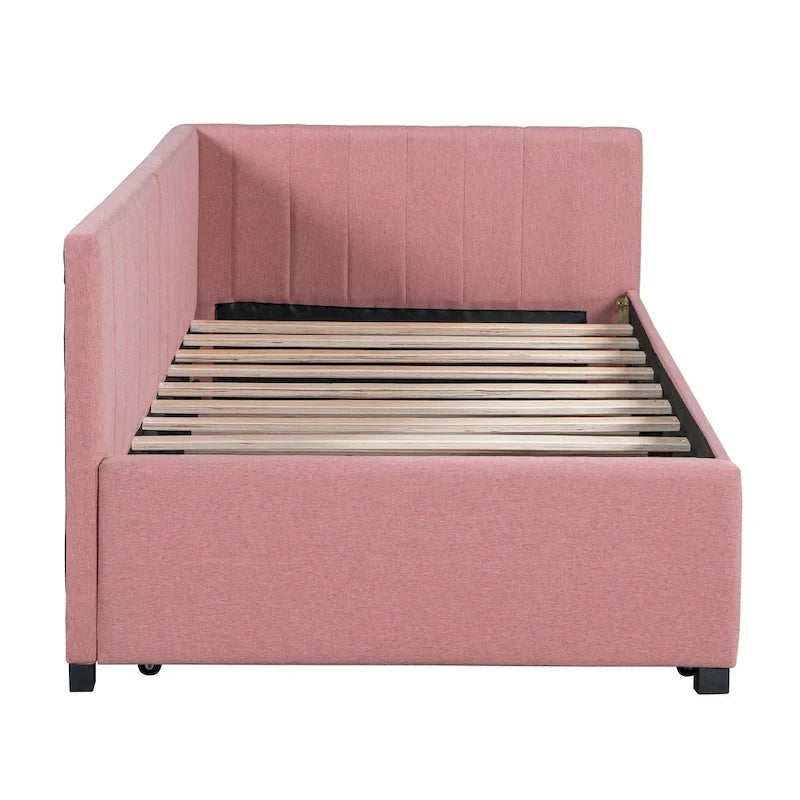 Upholstered Daybed with Trundle Twin Size Sofa Bed Frame No Box Spring Needed, Linen Fabric(Beige)