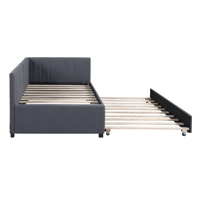 Upholstered Daybed with Trundle Twin Size Sofa Bed Frame No Box Spring Needed, Linen Fabric(Beige)
