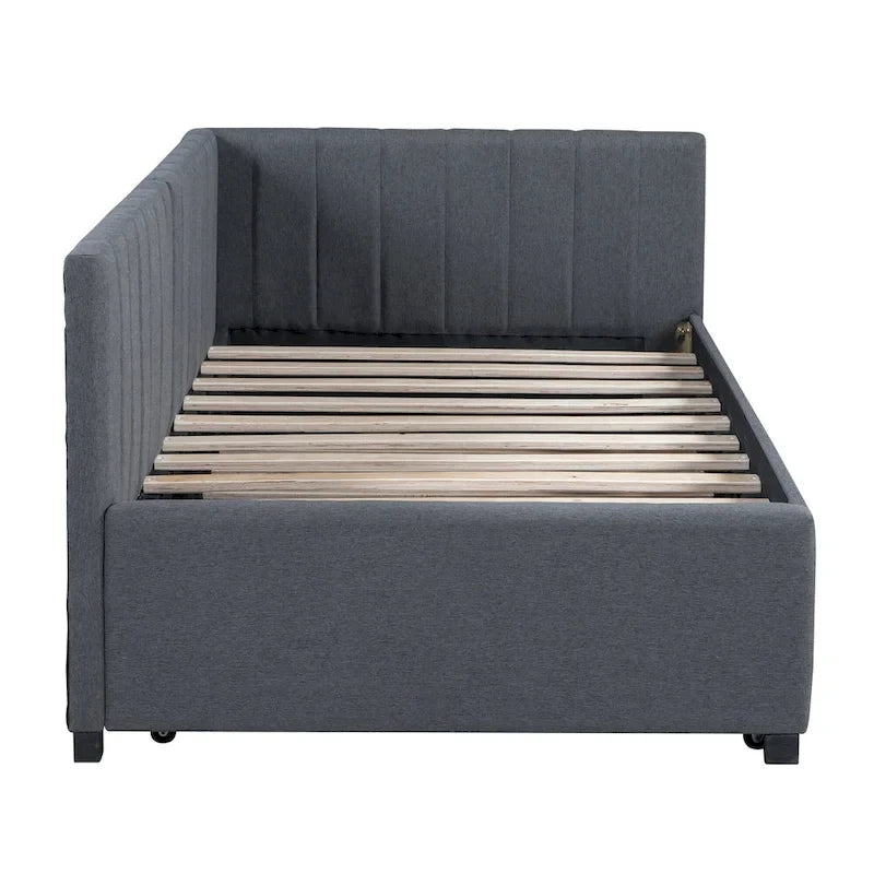Upholstered Daybed with Trundle Twin Size Sofa Bed Frame No Box Spring Needed, Linen Fabric(Beige)