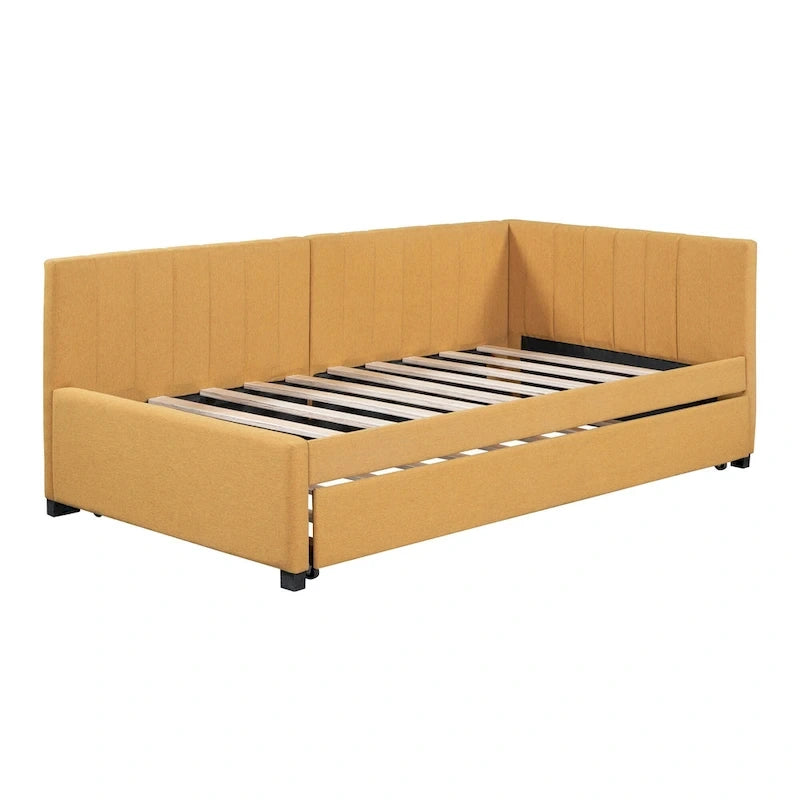 Upholstered Daybed with Trundle Twin Size Sofa Bed Frame No Box Spring Needed, Linen Fabric(Beige)