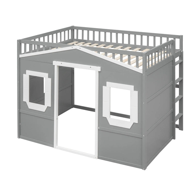 Full Size House Loft Bed With Ladder-Gray