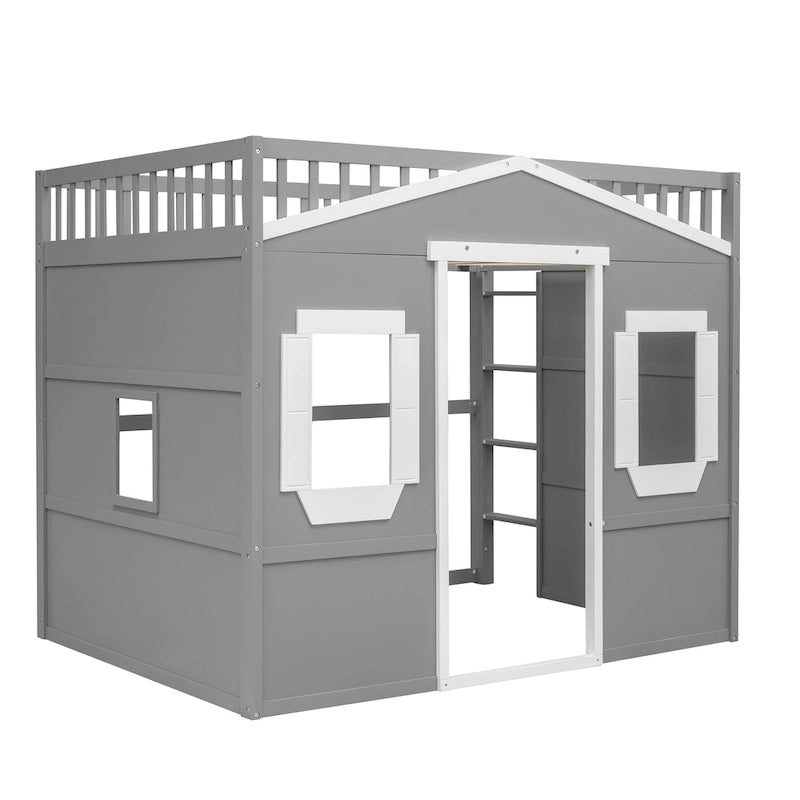 Full Size House Loft Bed With Ladder-Gray