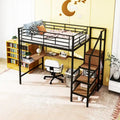 Full Size Metal Loft Bed with Desk and, Stylish Metal Frame with Lateral Storage Ladder and Wardrobe, Black