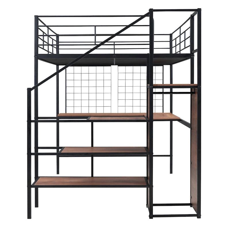 Full Size Metal Loft Bed with Desk and, Stylish Metal Frame with Lateral Storage Ladder and Wardrobe, Black