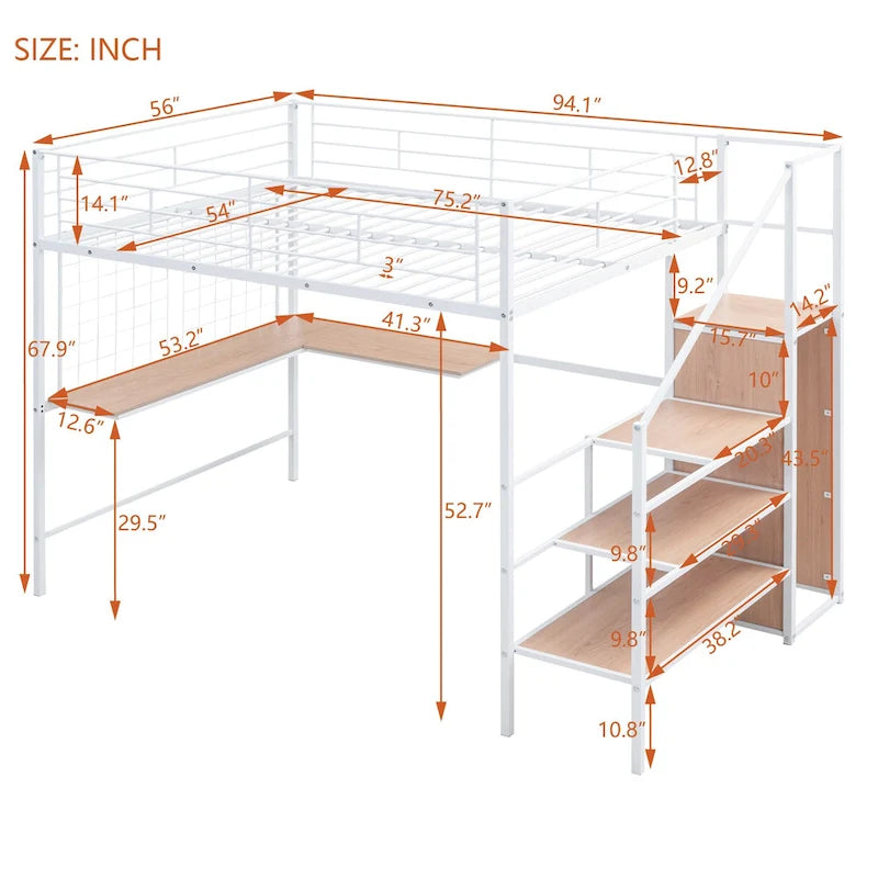Full Size Metal Loft Bed with Desk and, Stylish Metal Frame with Lateral Storage Ladder and Wardrobe, Black