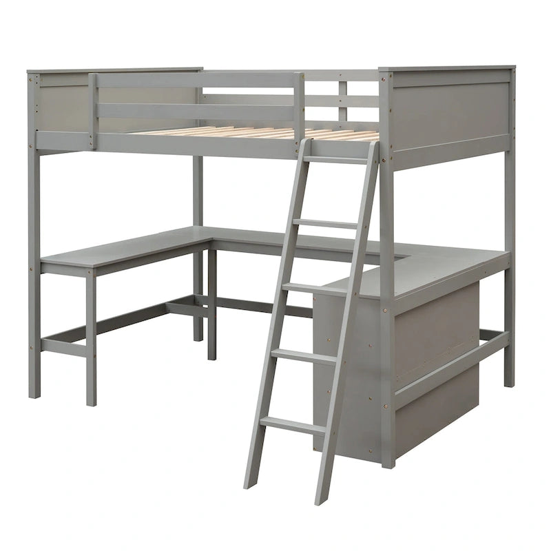 Full size Loft Bed with Shelves and Desk, Wooden Loft Bed with Desk - Espresso