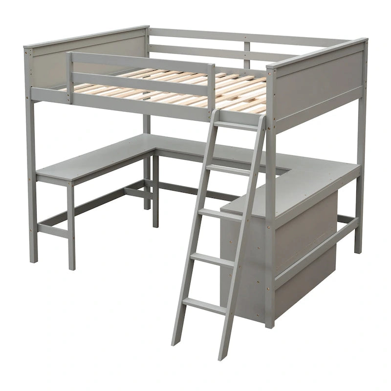 Full size Loft Bed with Shelves and Desk, Wooden Loft Bed with Desk - Espresso