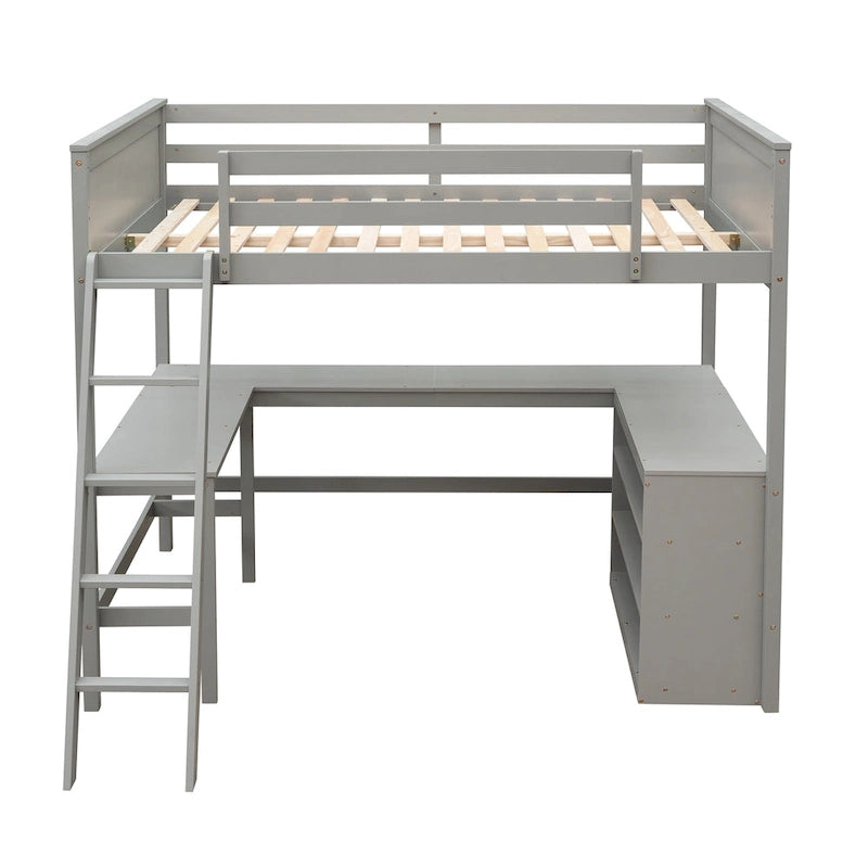 Full size Loft Bed with Shelves and Desk, Wooden Loft Bed with Desk - Espresso