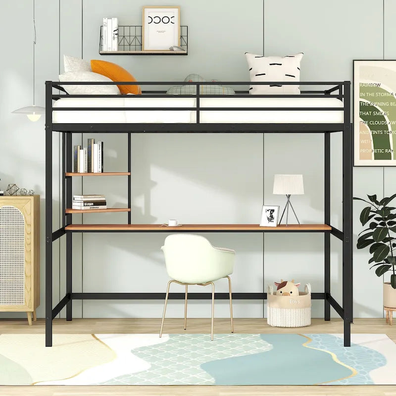 Full Metal Loft Bed with Desk and Shelve, Black