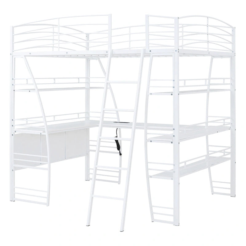 Full Size Loft Bed with 4 Layers of Shelves and L-shaped Desk, Stylish Metal Frame Bed USB Ports and Wireless Charging, White