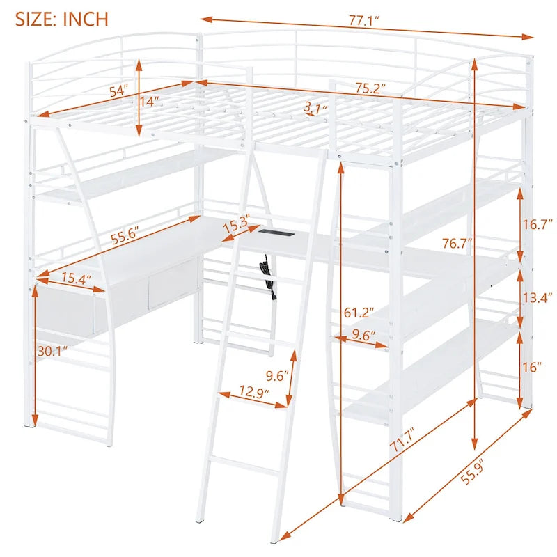 Full Size Loft Bed with 4 Layers of Shelves and L-shaped Desk, Stylish Metal Frame Bed USB Ports and Wireless Charging, White