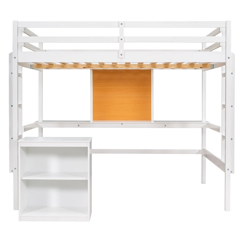 Full size Loft Bed with Desk and Writing Board, Wooden Loft Bed with Desk & 2 Drawers Cabinet- Espresso