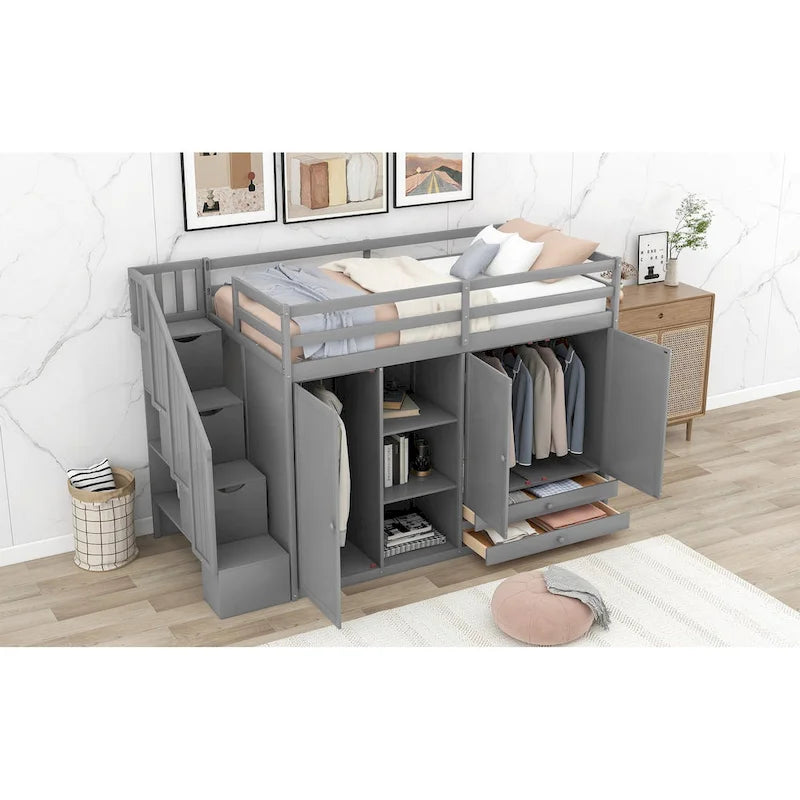 Functional Loft Bed with 3 Shelves, 2 Wardrobes and 2 Drawers, Ladder with Storage, No Box Spring Needed, Gray