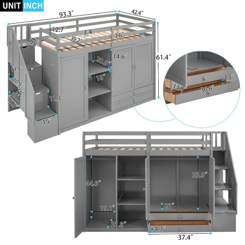 Functional Loft Bed with 3 Shelves, 2 Wardrobes and 2 Drawers, Ladder with Storage, No Box Spring Needed, Gray