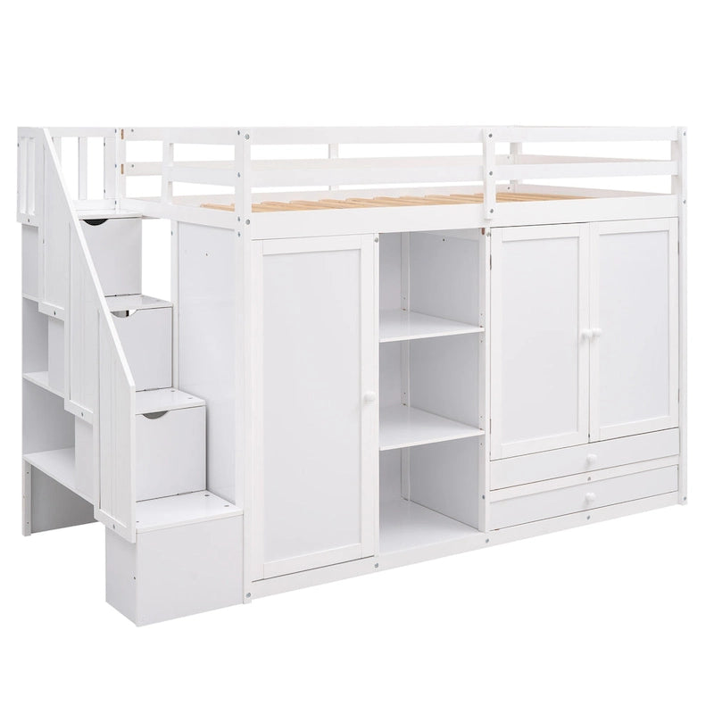 Functional Loft Bed with 3 Shelves, 2 Wardrobes and 2 Drawers, Ladder with Storage, No Box Spring Needed, Gray