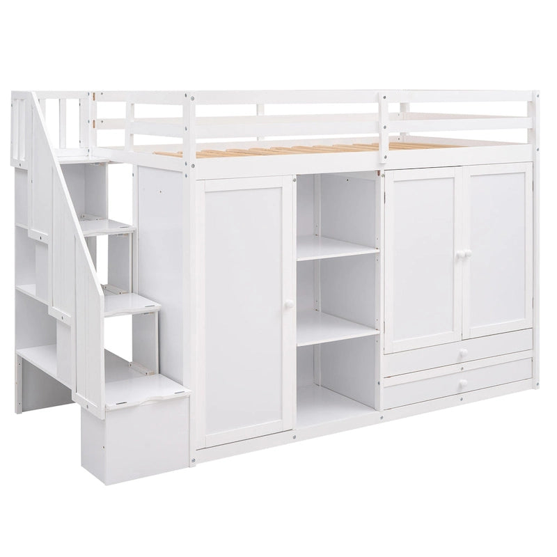 Functional Loft Bed with 3 Shelves, 2 Wardrobes and 2 Drawers, Ladder with Storage, No Box Spring Needed, Gray