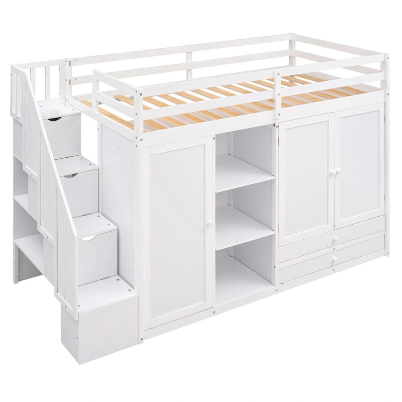 Functional Loft Bed with 3 Shelves, 2 Wardrobes and 2 Drawers, Ladder with Storage, No Box Spring Needed, Gray