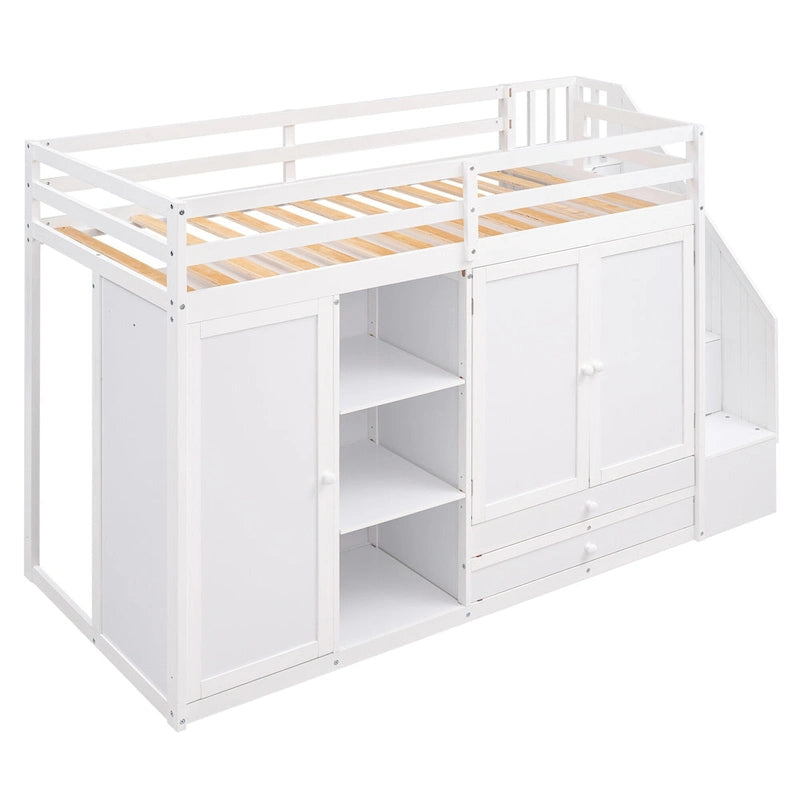 Functional Loft Bed with 3 Shelves, 2 Wardrobes and 2 Drawers, Ladder with Storage, No Box Spring Needed, Gray