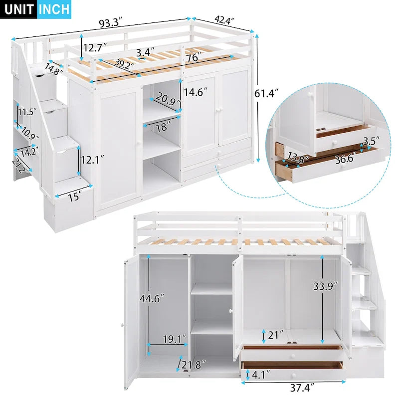 Functional Loft Bed with 3 Shelves, 2 Wardrobes and 2 Drawers, Ladder with Storage, No Box Spring Needed, Gray