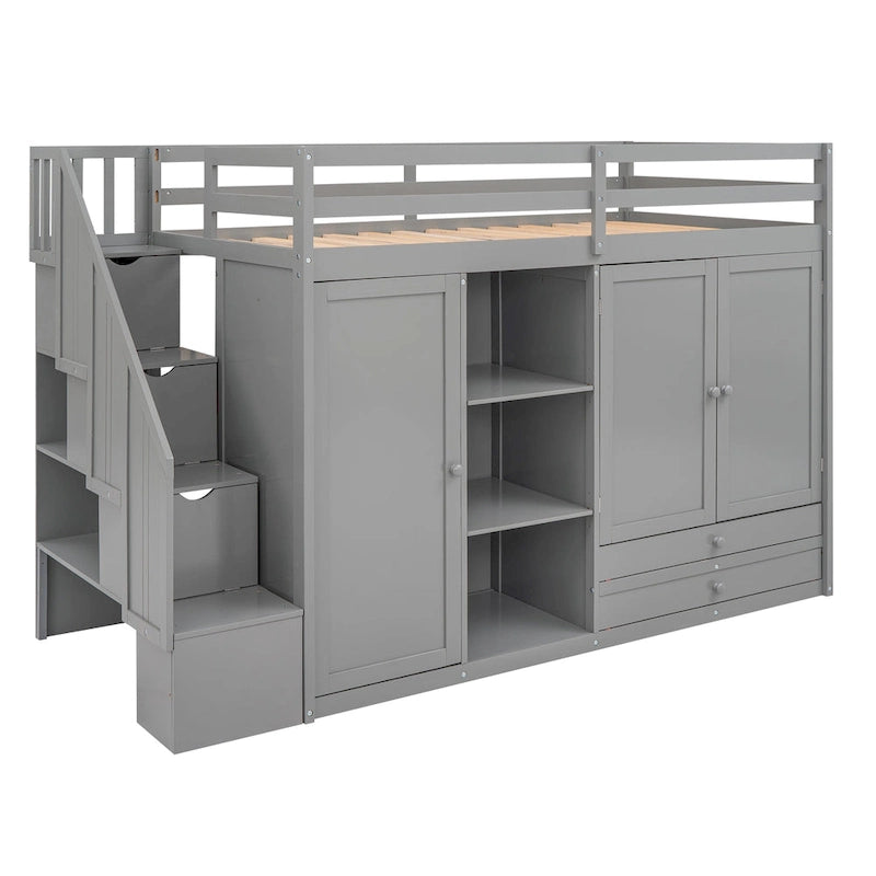 Functional Loft Bed with 3 Shelves, 2 Wardrobes and 2 Drawers, Ladder with Storage, No Box Spring Needed, Gray