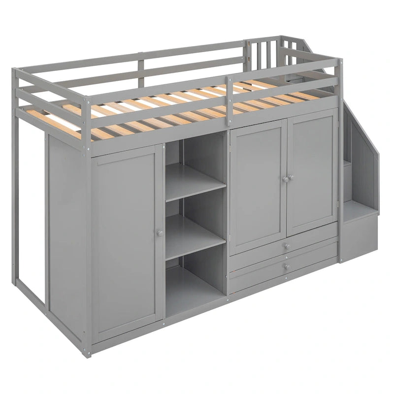 Functional Loft Bed with 3 Shelves, 2 Wardrobes and 2 Drawers, Ladder with Storage, No Box Spring Needed, Gray