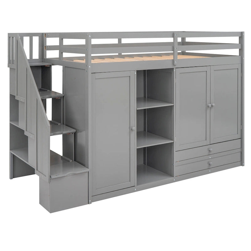Functional Loft Bed with 3 Shelves, 2 Wardrobes and 2 Drawers, Ladder with Storage, No Box Spring Needed, Gray
