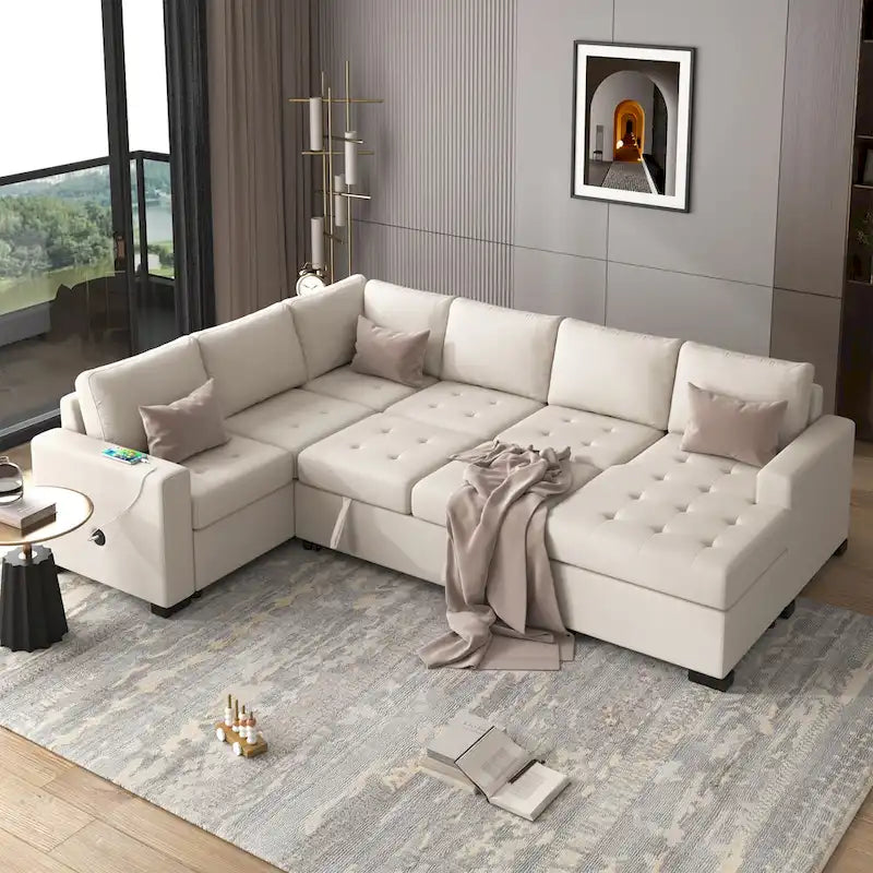 U_Style Sectional Sleeper Sofa with Pull-out Bed and Lounge Chair, USB and Type-C Interfaces, Suitable for Living Room, Office,