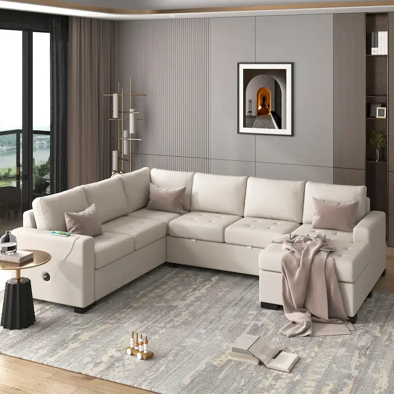 U_Style Sectional Sleeper Sofa with Pull-out Bed and Lounge Chair, USB and Type-C Interfaces, Suitable for Living Room, Office,