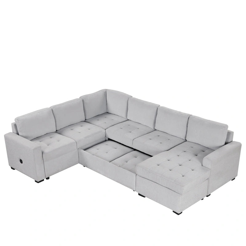 U_Style Sectional Sleeper Sofa with Pull-out Bed and Lounge Chair, USB and Type-C Interfaces, Suitable for Living Room, Office,